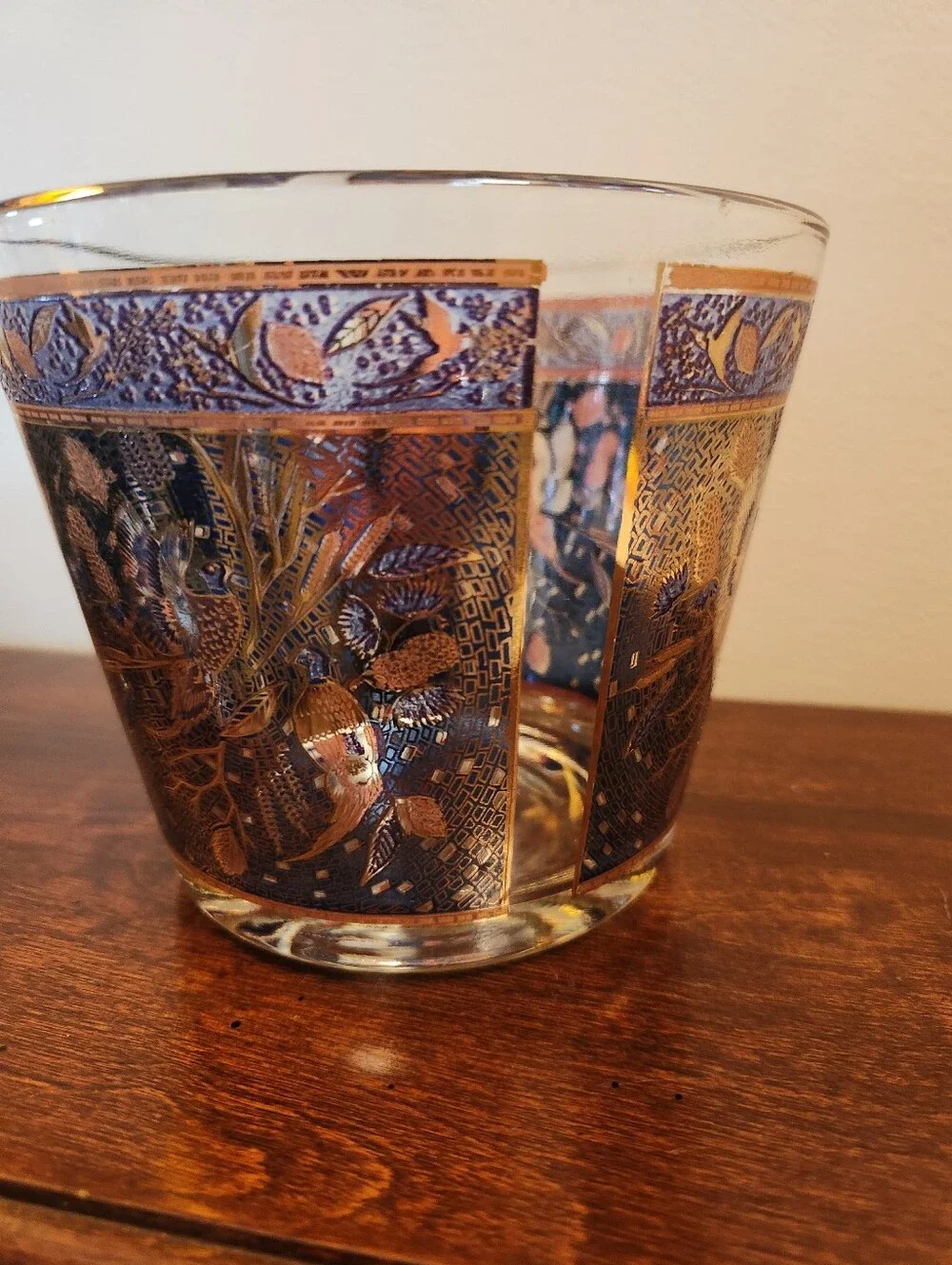 Vintage 1970s Houze Art Glass Pheasant Ice Bucket, Blue Gold Purple Cranberry 6
